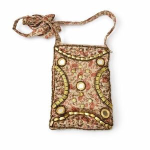 Sparitual Tan Pink Vintage Paisley Beaded Bohemian Mirror Mini Crossbody